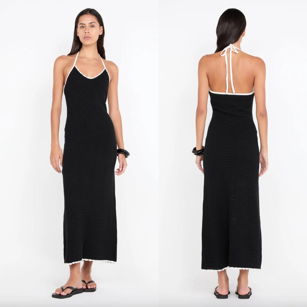 Bec + Bridge | NWT Ravyn Halter Maxi Dress in Black Crochet Knit White Trim M - Picture 2 of 16